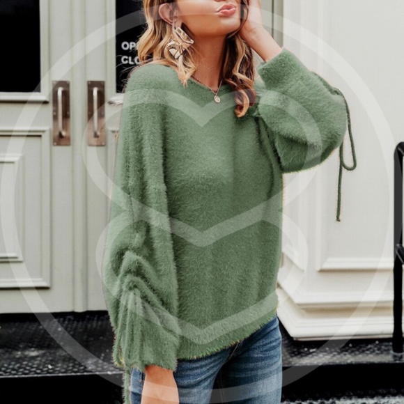 Fuzzy cozy ruched sleev fall autumn sweater -greeN - Picture 5 of 9